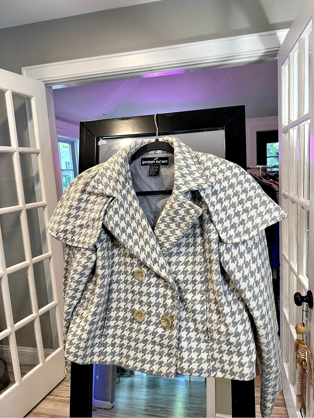 Joseph Israel Houndstooth Double Breasted Pea Coat Cape Size Small Like New